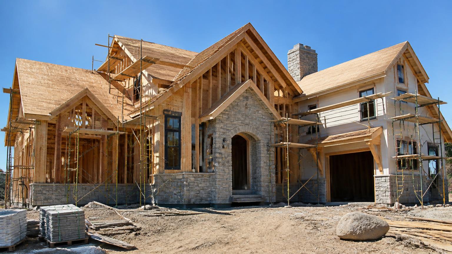 Custom Providence Downs estate home under construction with timber framing and stone veneer