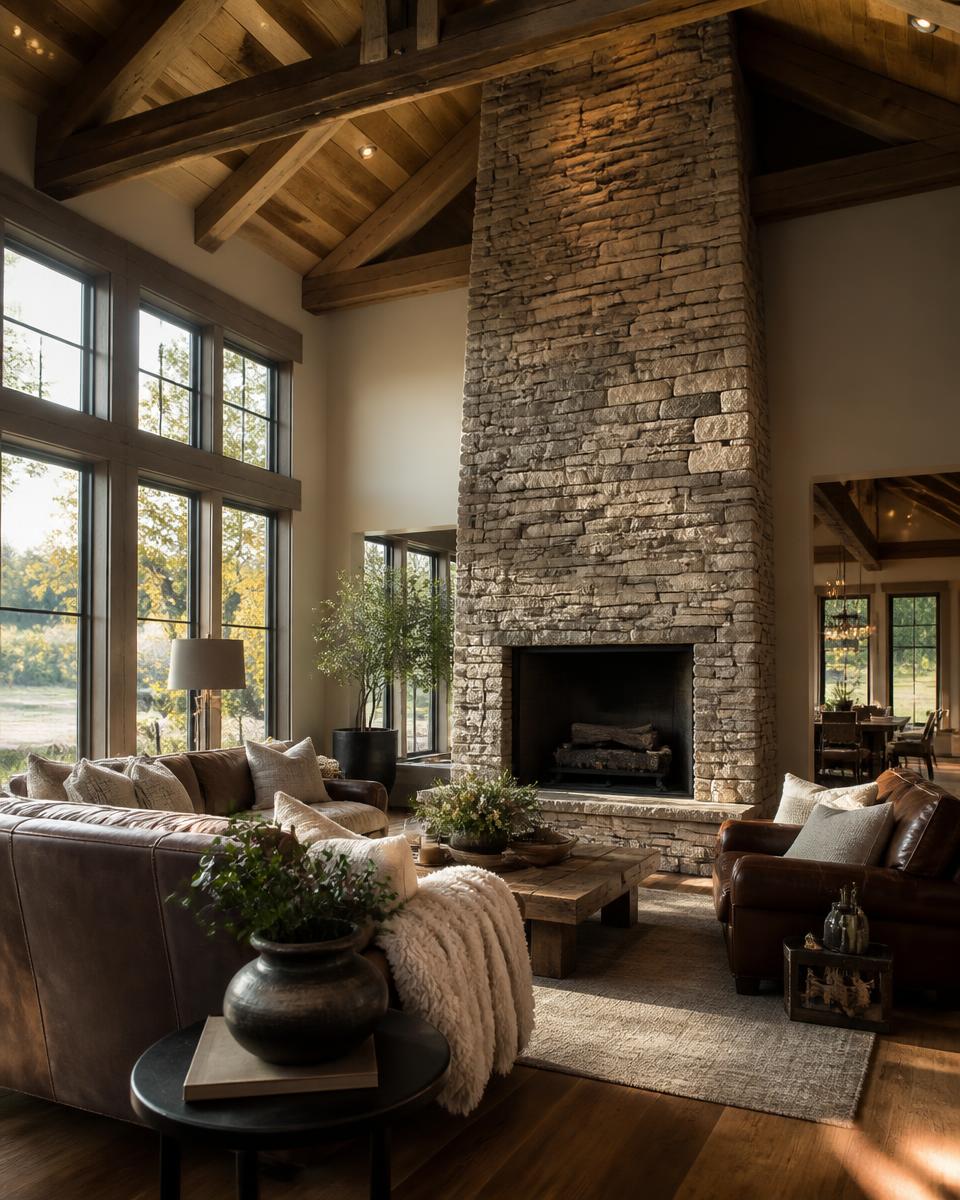 Great room with reclaimed beams and stone fireplace