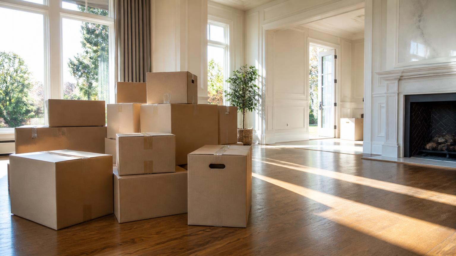 Moving boxes in the sunlit empty living room of a Providence Downs estate home
