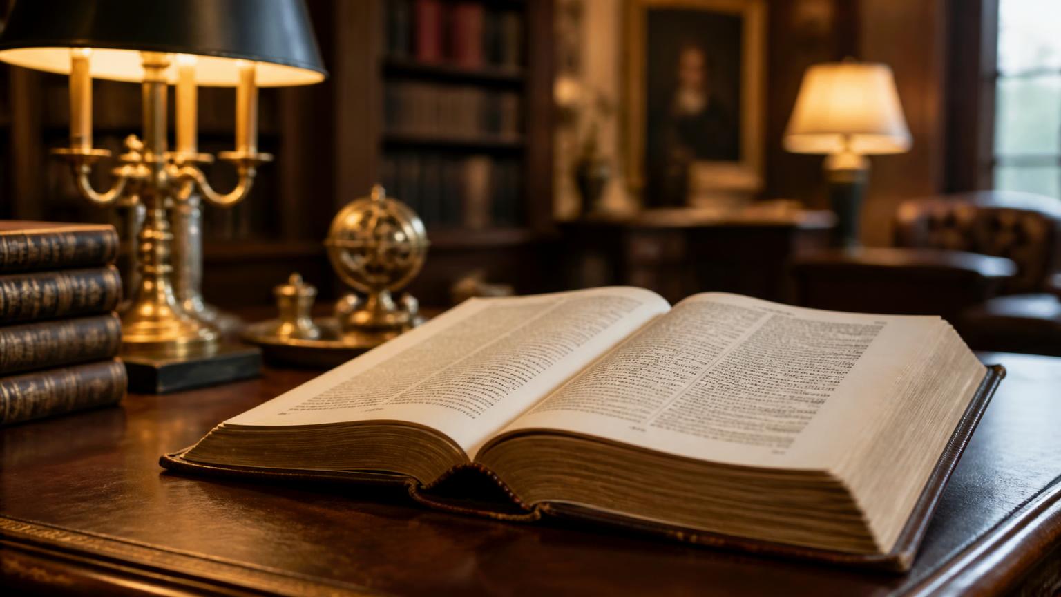 Open reference book on a mahogany desk in a Providence Downs home library