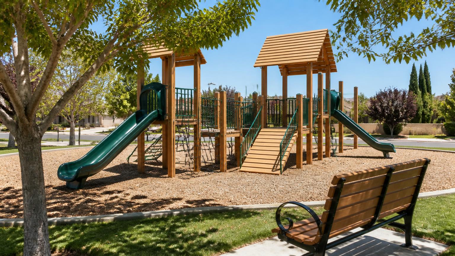 Wooden neighborhood playground with slides, mulch surfacing and a shaded bench