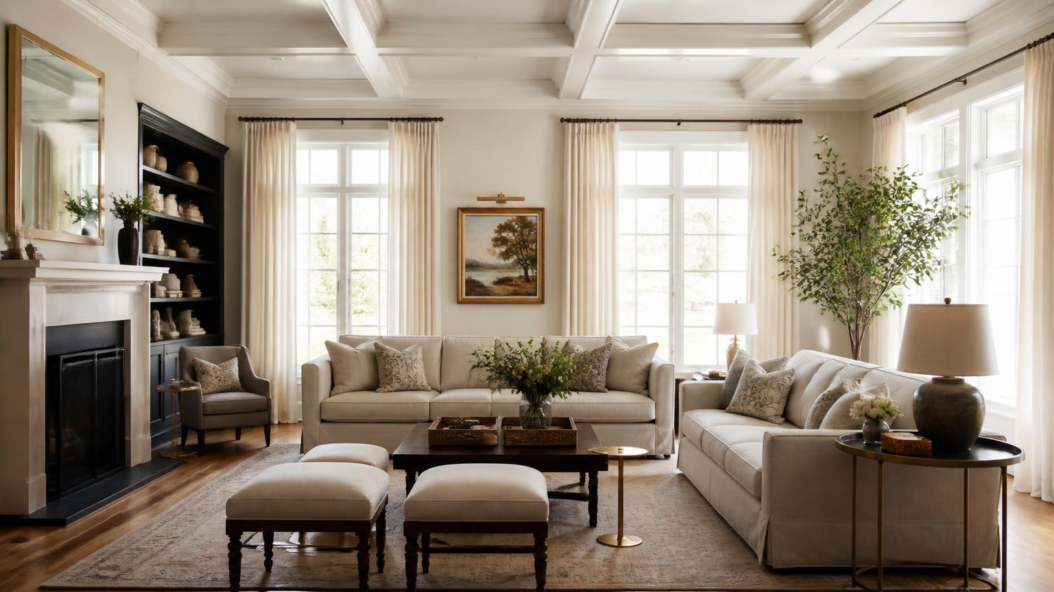 Coffered-ceiling living room with linen sofas in a Providence Downs South estate home