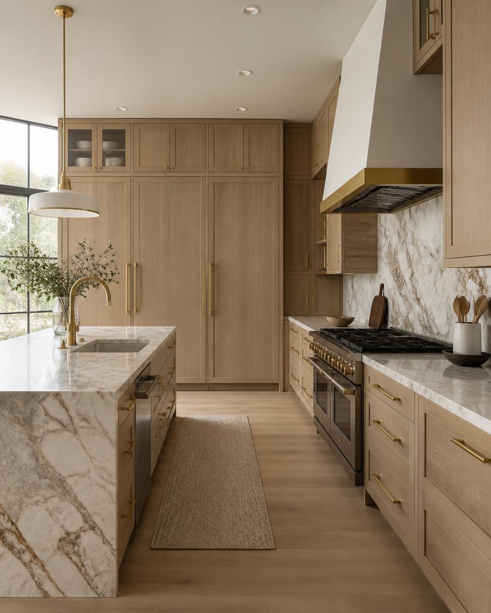 Marble waterfall kitchen island with white oak cabinetry