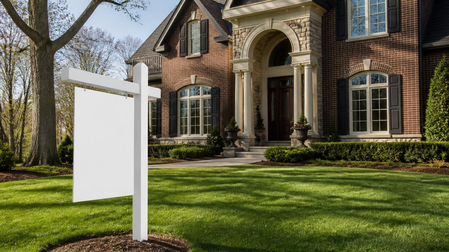 Blank real estate yard sign in front of a brick Providence Downs luxury home