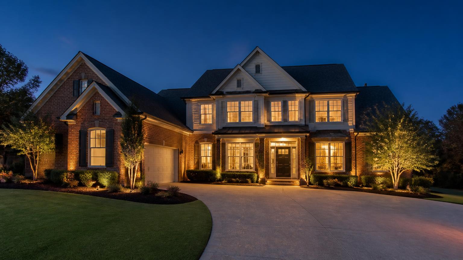 Brick luxury home in Providence Downs, Waxhaw NC, with landscape lighting at twilight