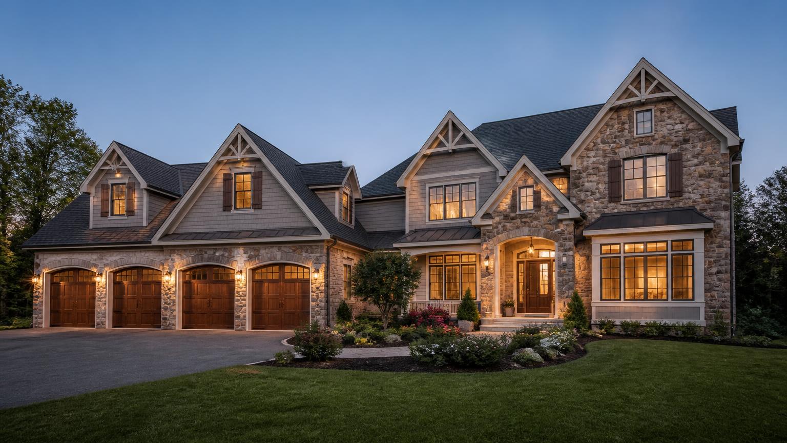 Stone-and-shingle luxury home in Providence Downs, Waxhaw NC, lit at twilight