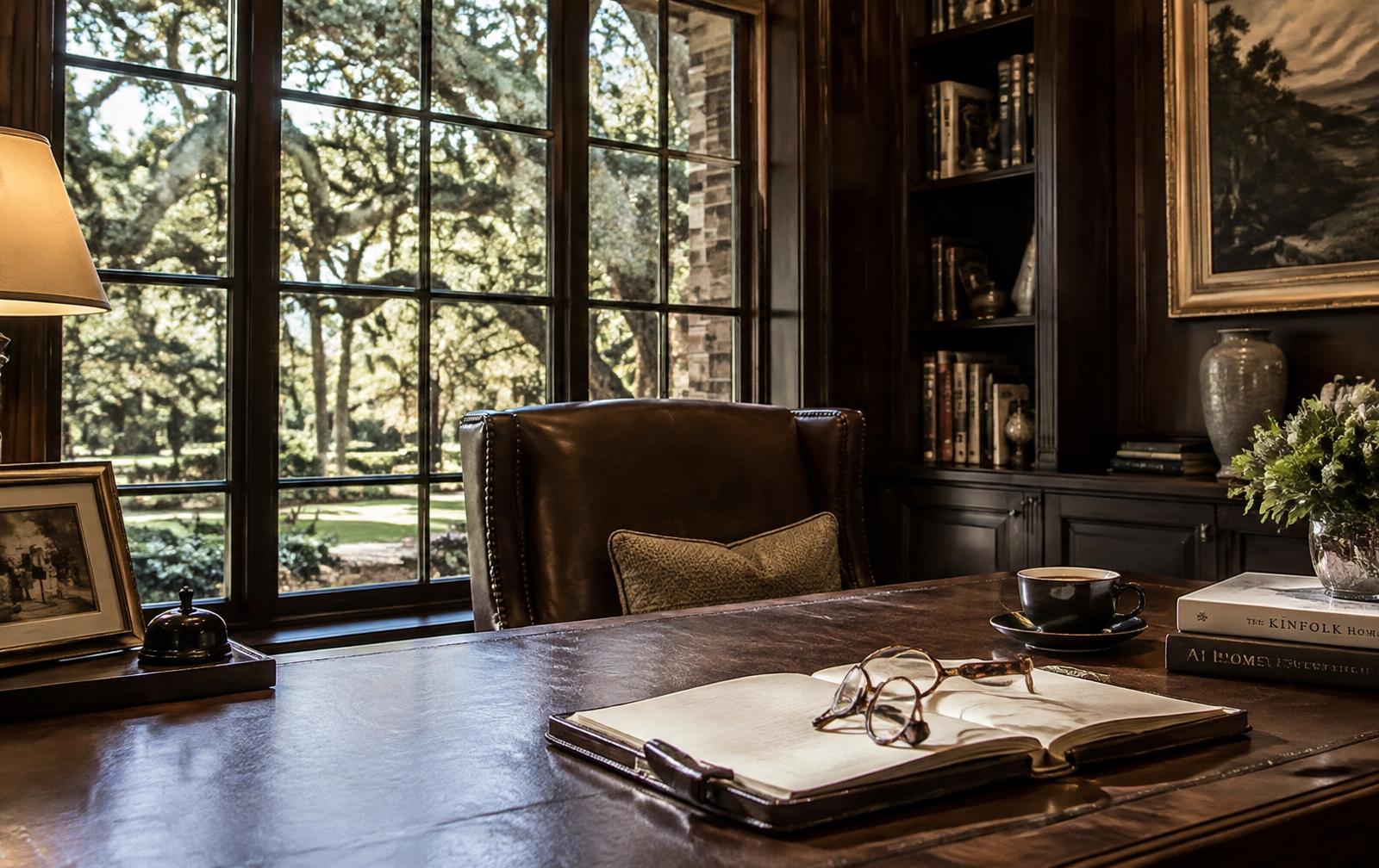 Open leather journal and reading glasses on a walnut desk in a Providence Downs estate study
