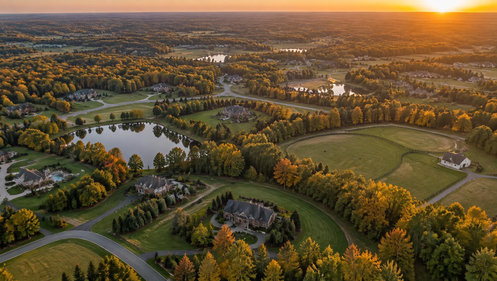Golden-hour aerial view of several upscale Union County North Carolina neighborhoods separated by hardwood tree lines, ponds and pasture