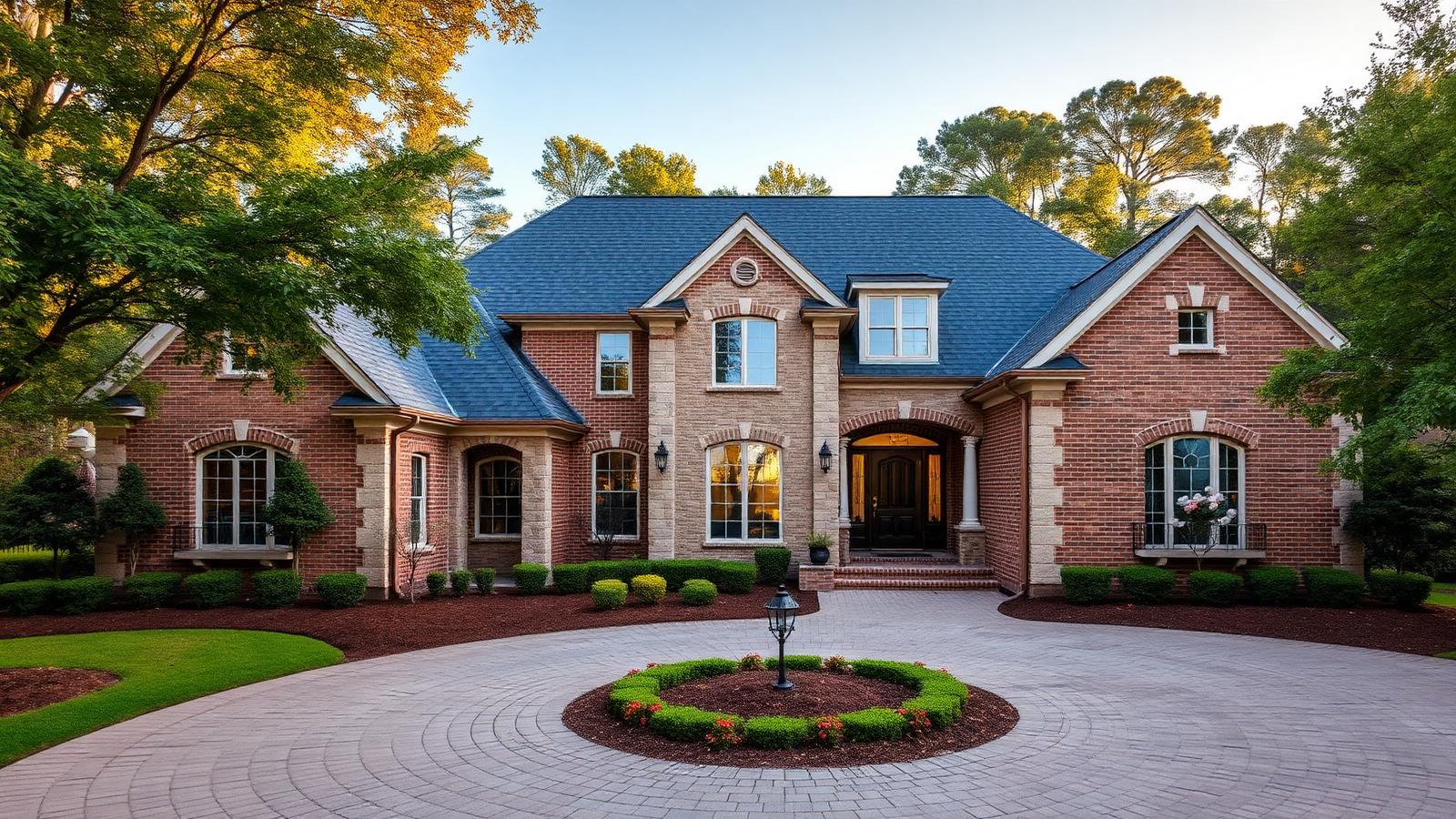 Brick and stone luxury estate home with a circular paver driveway and mature landscaping in Providence Downs, Waxhaw NC