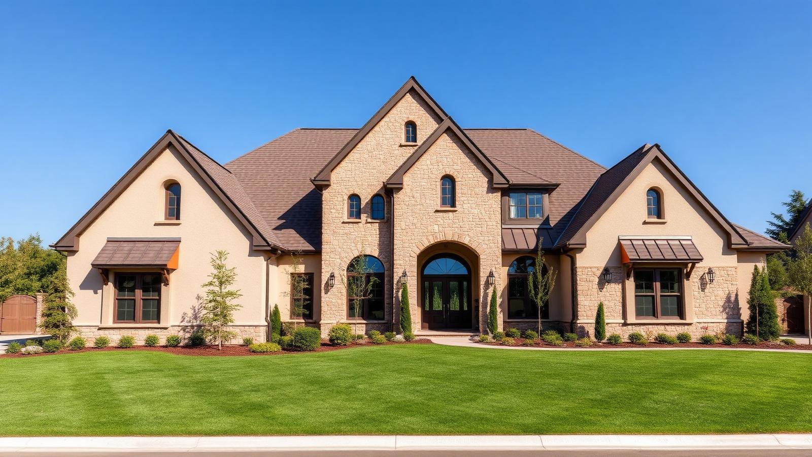French Country stucco and stone estate home with arched entry and manicured lawn in Providence Downs South, Waxhaw NC